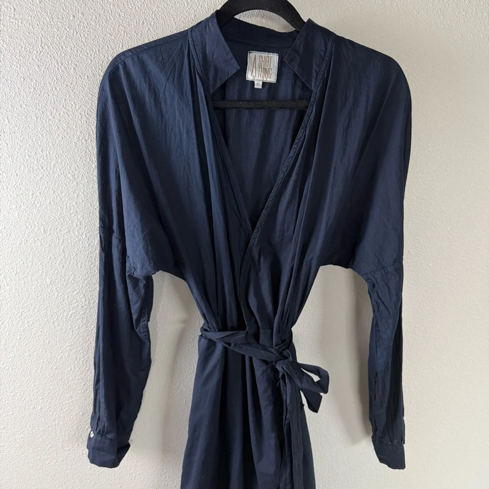 A Shirt Thing Navy Blue Wrap Midi Dress Cotton Casual Boho Minimalist Women M/L - Picture 4 of 15